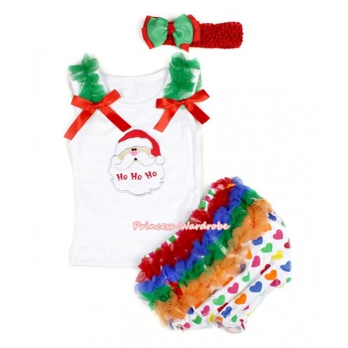 Xmas White Baby Pettitop & Kelly Green Ruffles & Red Bows & Santa Claus Print with White Rainbow Heart Bloomers with Red Headband Green Red Ribbon Bow LD233 